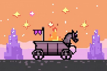 Wall Mural - A charming 8-bit pixel art of a glowing pixelated royal carriage with tiny glowing wheels and pixelated horses, surrounded by sparkling stars and pixelated banners, set on a pastel pink and 