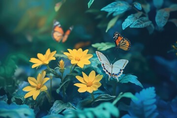 Poster - A close-up shot of yellow flowers surrounded by butterflies in mid-air