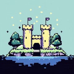 Wall Mural - A delightful 8-bit pixel art of a glowing pixelated castle with a glowing drawbridge, surrounded by tiny sparkling stars and pixelated banners, set on a pastel blue and gold background for a 