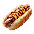 © Stock Essence - Classic American hot dog topped with mustard and ketchup on a white background