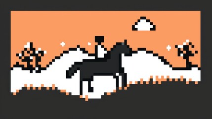 Wall Mural - A playful 8-bit pixel art of a glowing pixelated prince on a glowing horse riding through pixelated rolling hills, with sparkling flowers and glowing trees dotting the landscape under a pastel 