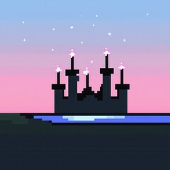 Wall Mural - A vibrant 8-bit pixel art of a glowing pixelated castle with towering spires, surrounded by sparkling stars and a glowing moat, set on a pastel lavender and pink background for a magical fairy 