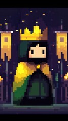 Wall Mural - A vibrant 8-bit pixel art of a glowing pixelated queen wearing a golden crown, standing in a pixelated throne room surrounded by glowing banners and sparkling chandeliers, set on a pastel lavender 