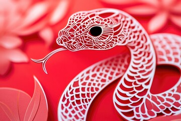 Wall Mural - A close-up image of a paper cut featuring a snake design, set against a bright red background