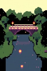 Wall Mural - An intricate 8-bit pixel art of a glowing pixelated enchanted bridge crossing a sparkling river, surrounded by glowing trees and pixelated lanterns, set on a pastel green and aqua background. 