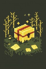 Wall Mural - An intricate 8-bit pixel art of a glowing pixelated treasure chest sitting on a glowing forest floor, surrounded by pixelated glowing coins, sparkling magical scrolls, and tiny glowing runes 