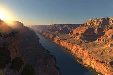 Wall Mural - A stunning view of the Grand Canyon at sunset, showcasing its majestic cliffs and river.