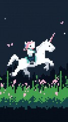 Poster - A detailed 8-bit pixel art of a glowing pixelated unicorn galloping across pixelated grasslands, with glowing flowers blooming in its wake, surrounded by tiny pixelated butterflies and a sparkling 