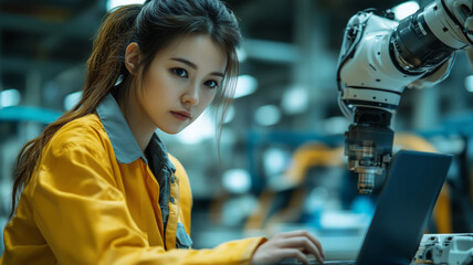 Aufkleber - Businesswoman explores advanced robotic arm technology in modern lab setting