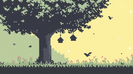 Wall Mural - A playful 8-bit pixel art of a glowing pixelated tree with pixelated glowing birdhouses hanging from its branches, surrounded by tiny pixelated birds and sparkling flowers under a pastel yellow 