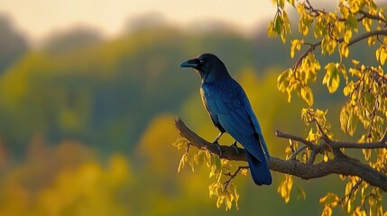 A striking blue raven perched on a branch against a blurred, colorful forest background.