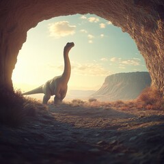 Wall Mural - A dinosaur stands in a cave entrance, overlooking a vast, scenic landscape at sunset.