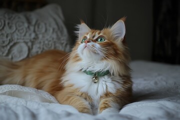 A charming golden fur cat with bright green eyes lies on a soft, white bedspread, attentively looking up as if intrigued by something overhead, exuding elegance.