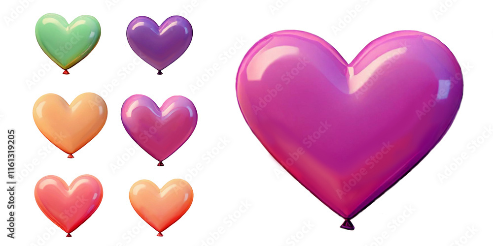 Collection of 3D shiny realistic heart balloons in red, displayed from ...