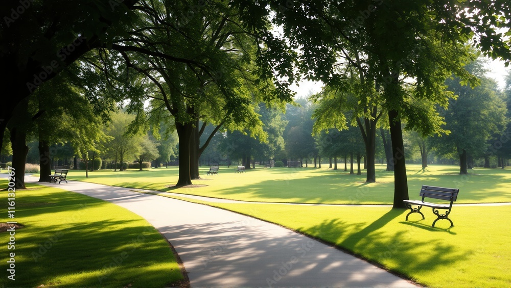A serene park with lush green grass, tall trees providing shade ...