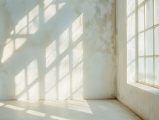 Wall Mural - Sunlit empty room with white walls and windows that let in light, casting natural light shadows.