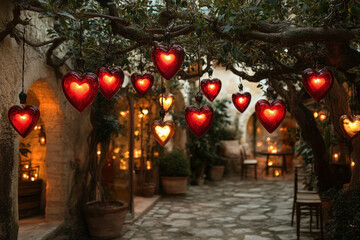 Canvas Print - Valentine's Day - Garden Party With Fairy Lights And Heart-Shaped Decorations Hanging From Trees