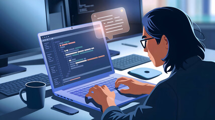 Software developer coding on a laptop with colorful code lines displayed, in a modern workspace, emphasizing programming and technology innovation.
