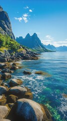 Wall Mural - Stunning Coastal Landscape with Majestic Mountains and Clear Waters, Perfect for Nature Lovers and Travelers Seeking Adventure in Serene Settings.