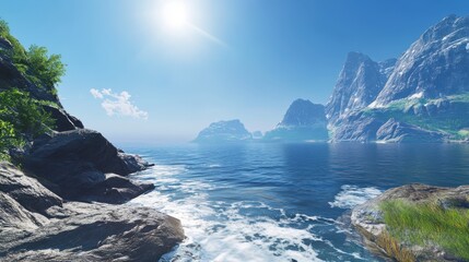 Wall Mural - A serene coastal landscape with sparkling blue water and majestic mountains. The sun shines brightly over the calm sea, creating a peaceful atmosphere for relaxation.