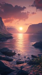 Wall Mural - A serene sunset over a calm lake surrounded by mountains. The orange and pink hues reflect in the water, creating a peaceful and beautiful landscape.