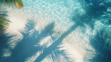 Wall Mural - A serene scene of clear water with gentle sunlight. The shadows of palm trees dance on the sandy bottom. A perfect place for relaxation and tranquility.