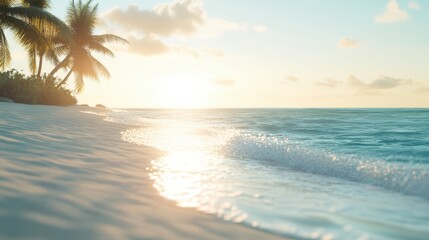 Wall Mural - A serene beach scene at sunset with gentle waves lapping on golden sand and palm trees swaying in the breeze, creating a tranquil coastal paradise.