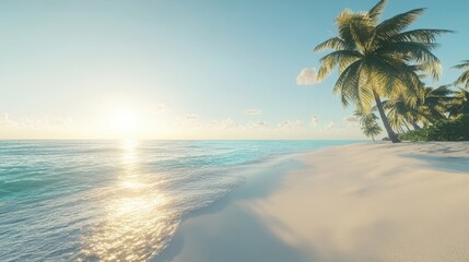 Wall Mural - A serene beach landscape with palm trees in the foreground and the sun rising over the calm ocean waves. The soft sand invites relaxation and tranquility. A perfect scenery for travel enthusiasts.