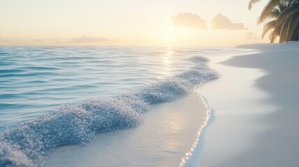 Wall Mural - A stunning seaside view at sunrise, with gentle waves lapping on the sandy beach. The soft light creates a peaceful atmosphere perfect for relaxation.