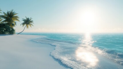 Wall Mural - A peaceful beach scene with palm trees and calm turquoise waters. The sun glistens on the surface, creating a serene and inviting atmosphere for relaxation.
