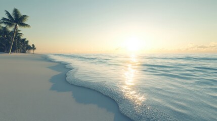 Wall Mural - A serene beach at sunrise with gentle waves lapping the shore. Palm trees sway in the light breeze, creating a peaceful morning atmosphere by the ocean.