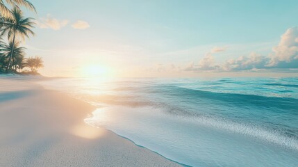 Wall Mural - A stunning beach at sunrise, with gentle waves lapping at the shore. Palm trees sway in the warm breeze as golden light bathes the landscape in peace and tranquility.