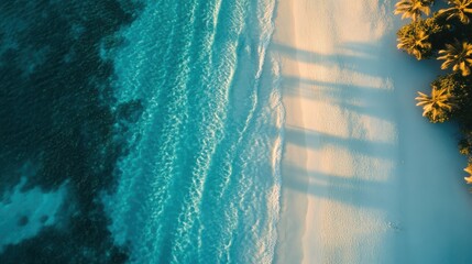 Wall Mural - Aerial View of Serene Blue Ocean Waves Gently Hitting a Golden Sandy Beach with Tall Palm Trees Casting Long Shadows in the Late Afternoon Sun
