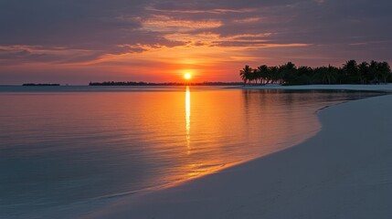 Wall Mural - Breathtaking Sunset Over Tranquil Beach: A Perfect Evening Scene with Calm Waters and Gentle Waves. Ideal for Relaxation and Nature Lovers.