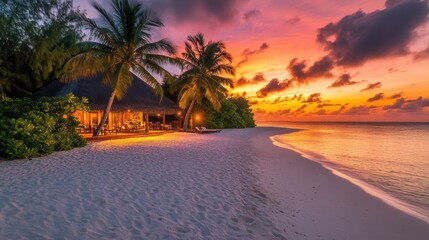 Wall Mural - Stunning beach sunset with vibrant colors, palm trees, and soft sand. A tranquil escape by the ocean. Experience the beauty of nature during twilight hours.