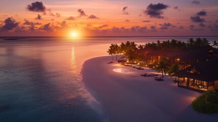 Wall Mural - Stunning sunset over a serene beach, where golden sunlight reflects on calm ocean waves. A tropical paradise perfect for relaxation and escape.