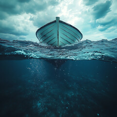 Wall Mural - serene underwater view captures boat from low angle, showcasing tranquil ocean and dramatic sky above. scene evokes sense of calm and adventure