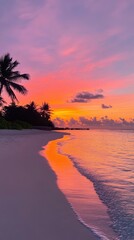 Wall Mural - Stunning sunset on a tropical beach with gentle waves and palm trees. The sky is filled with vibrant pinks and oranges, creating a serene and peaceful atmosphere for relaxation.