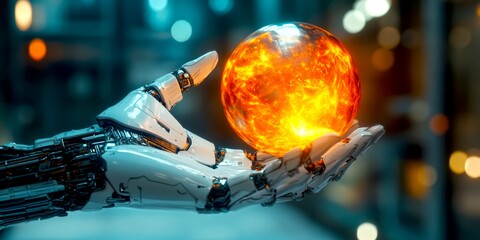 Wall Mural - A futuristic robotic hand holds a glowing orb symbolizing advanced technology and innovation. This image captures the essence of science fiction and digital art, evoking a sense of wonder. AI
