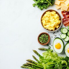 Wall Mural - Breakfast of scrambled eggs, bacon, lettuce, asparagus, cucumbers, and cheese on food background with copy space.