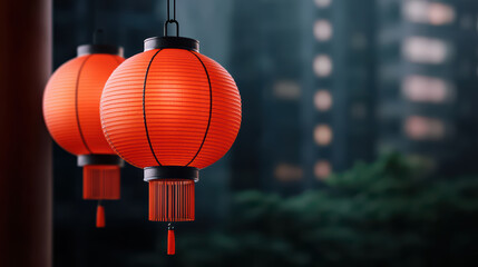 Wall Mural - Red Chinese lanterns create warm ambiance, hanging gracefully in serene urban setting