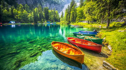 Stunning nature photography showcasing a pristine clear water lake surrounded by vibrant greenery, featuring colorful fisherman's boats