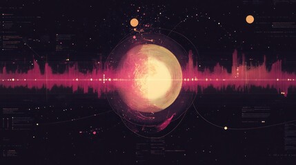Wall Mural - glowing celestial body with pink energy wave and digital data overlay.