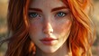 © milenialdesastudio - Close-up portrait of a young woman with red hair and freckles, looking directly at the camera.