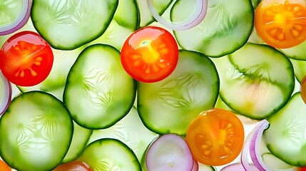 Canvas Print - Close-up shot of vibrant sliced cucumbers, tomatoes, and red onions, creating a colorful and appetizing background perfect for food or health-related themes.