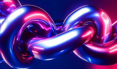 Abstract neon blue and pink intertwined glossy shapes.
