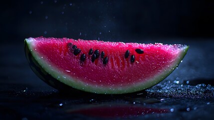 Canvas Print - A juicy slice of watermelon, glistening with water droplets, sits on a dark, reflective surface.  The vibrant red flesh and black seeds are sharply contrasted against the moody background.