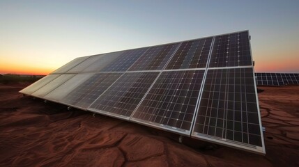 Solar power plant in desert at sunrise for sustainable energy solutions