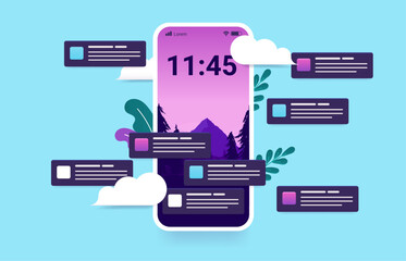 Fototapete - Phone screen with lots of push notifications - Mobile smartphone in front view with many messages, alerts and reminders from apps popping up all around. Vector illustration