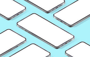Poster - Isometric mobile phone mockup template - Vector illustration of set of smartphones in various angles with white empty screen in 3d flat perspective view on blue background